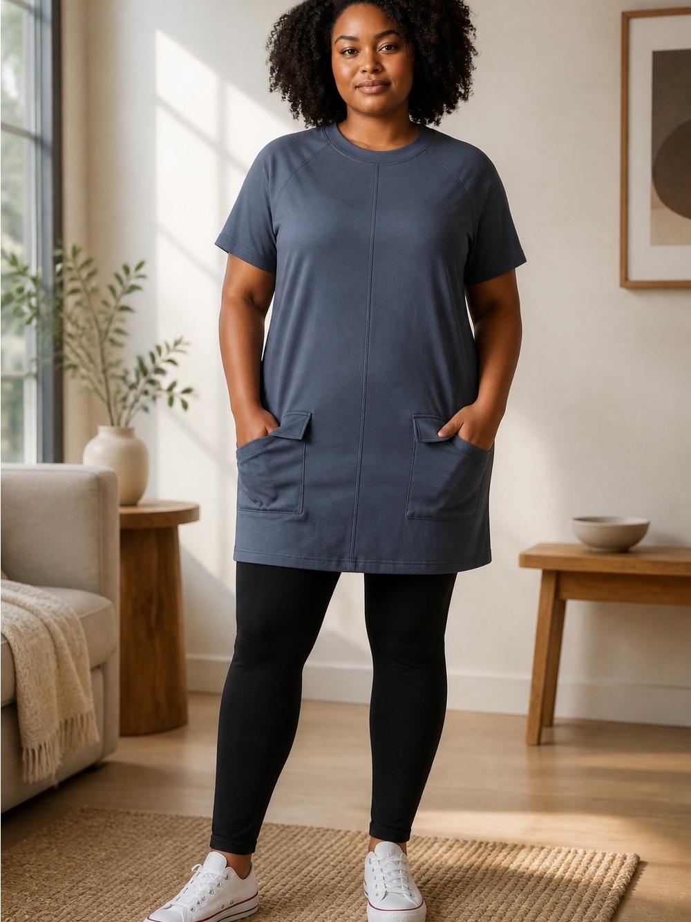 LIVOM Women's Short Sleeve Pocket Tunic Top - Slate Blue size medium